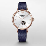 Emporio Armani Gianni T-Bar Analog Silver Dial Blue Leather Strap Watch For Women - AR60020