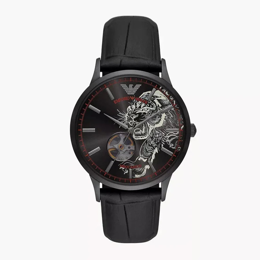 Emporio Armani Meccanico Skeleton Black Dial Black Leather Strap Watch For Men - AR60046