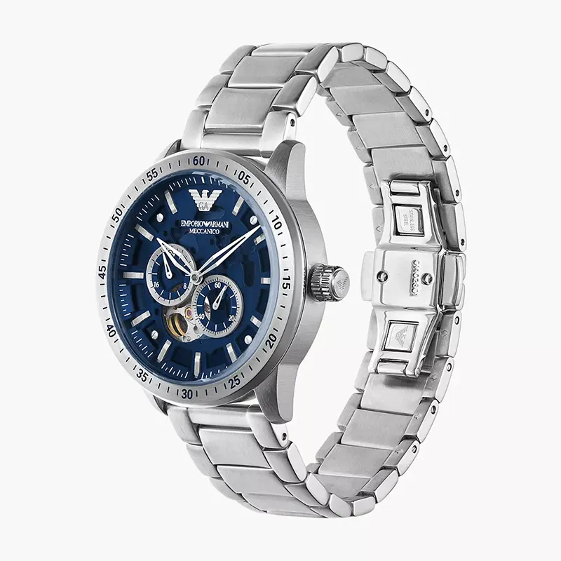 Emporio Armani Meccanico Automatic Blue Dial Silver Steel Strap Watch For Men - AR60052