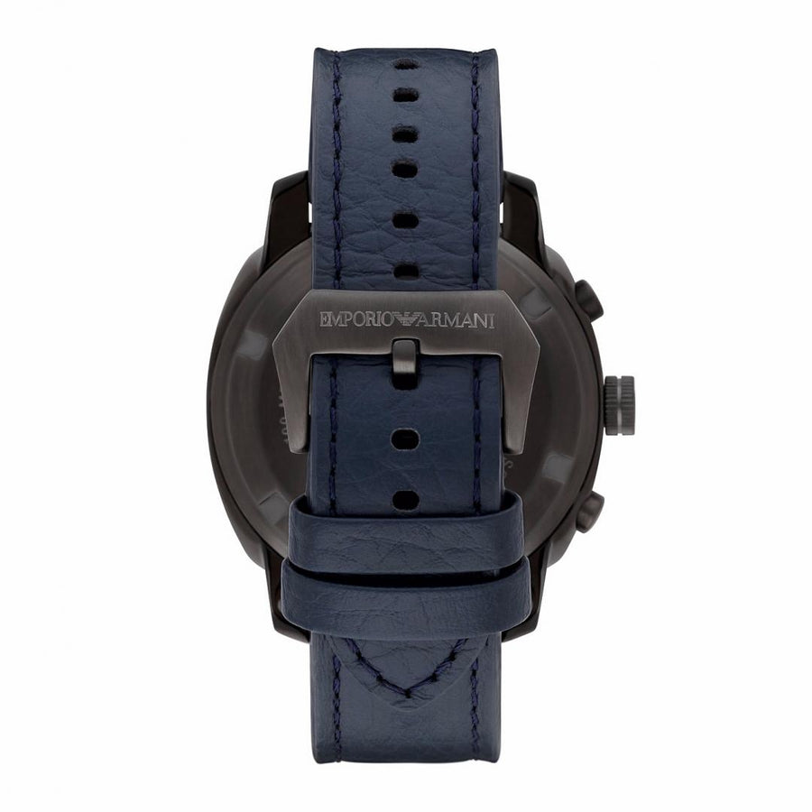 Emporio Armani Sportivo Chronograph Silver Dial Blue Leather Strap Watch for Men - AR6086