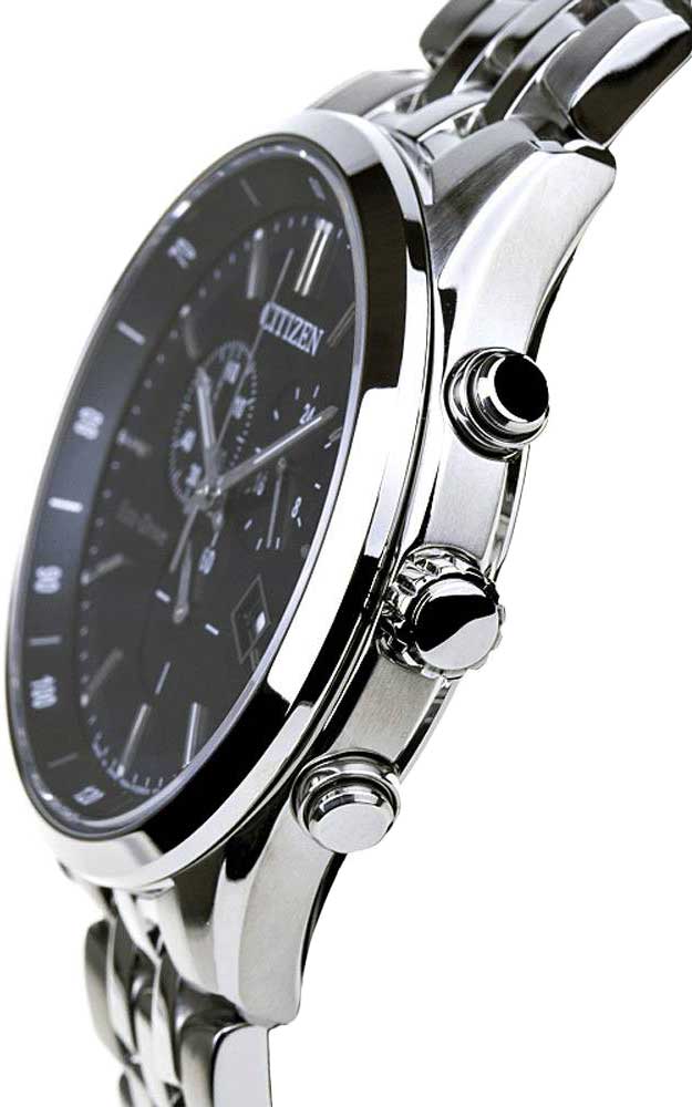 Citizen Eco Drive Chronograph Black Dial Silver Steel Strap Watch For Men - AT2140-55E