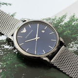 Emporio Armani Luigi Quartz Blue Dial Grey Mesh Bracelet Watch For Men - AR11053