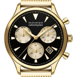 Movado Heritage Calendoplan Chronograph Black Dial Gold Mesh Strap Watch for Men - 3650098