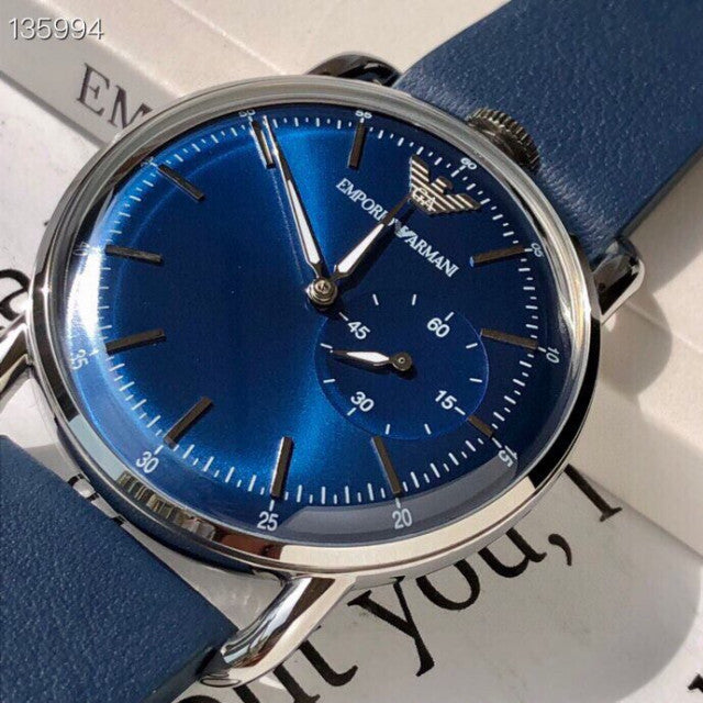 Emporio Armani Aviator Quartz Blue Dial Blue Leather Strap Watch For Men - AR11335
