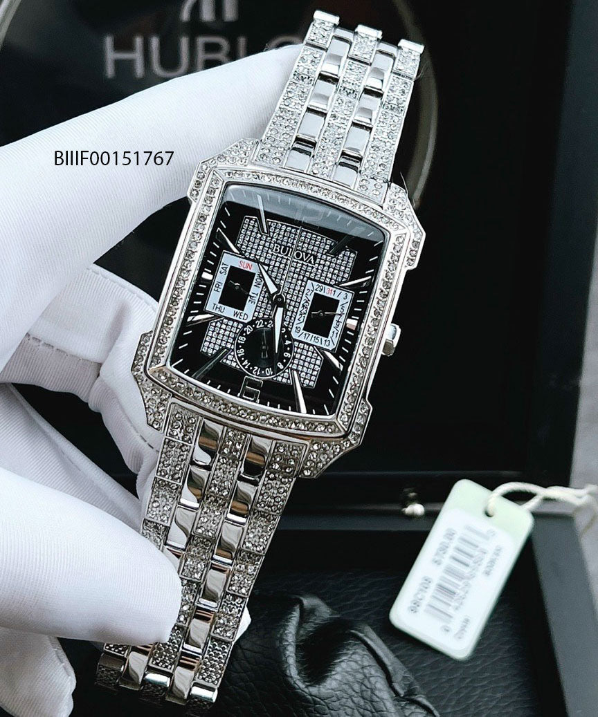 Bulova Crystal Collection Black Dial Silver Steel Strap Watch for Men - 98C108