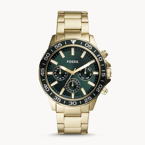 Fossil Bannon Multifunction Chronograph Green Dial Gold Steel Strap Watch for Men - BQ2493