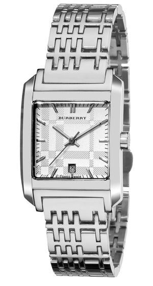 Burberry Nova Check Square White Dial Silver Steel Strap Watch for Women - BU1572