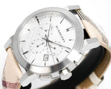 Burberry The City Chronograph White Dial Haymarket Leather Strap Watch For Men - BU9360