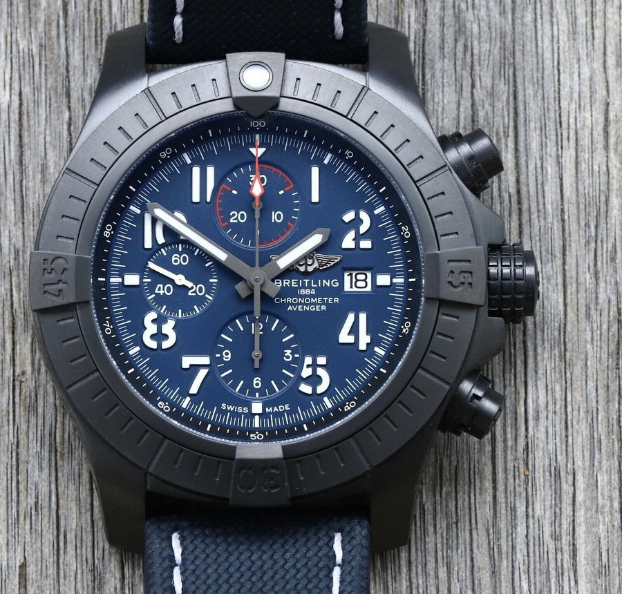 Breitling Super Avenger Chronograph 48 Night Mission Blue Dial Blue Leather Strap Watch for Men - V13375101C1X2