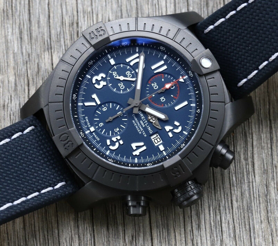 Breitling Super Avenger Chronograph 48 Night Mission Blue Dial Blue Leather Strap Watch for Men - V13375101C1X2
