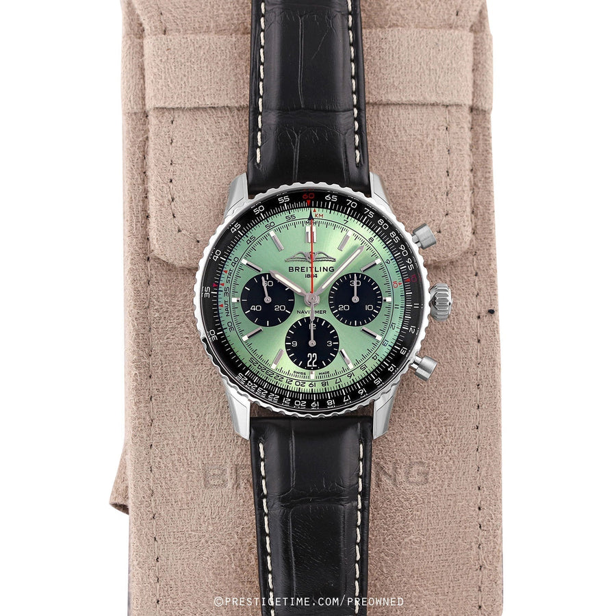 Breitling Navitimer B01 Chronograph 43 Green Dial Black Leather Strap Watch for Men - AB0138241L1P1