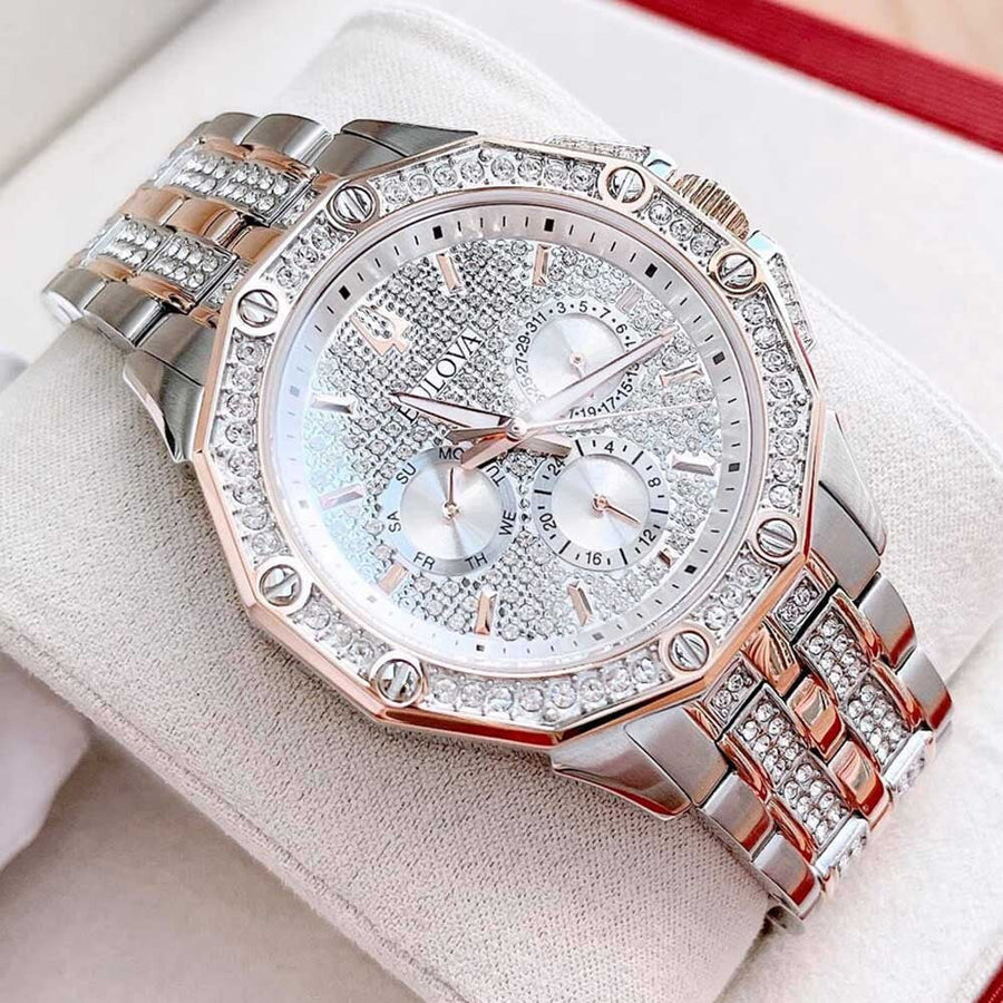 Bulova Octova Crystal Silver Dial Two Tone Steel Strap Watch for Men - 98C133