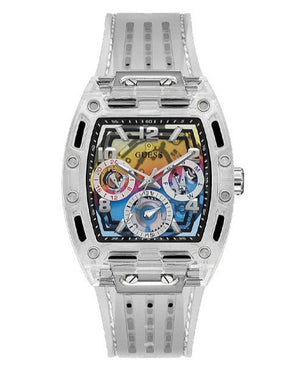 Guess Phoenix Polycarbonate Clear Multi-function Black Dial Clear Rubber Strap Watch for Men - GW0499G3