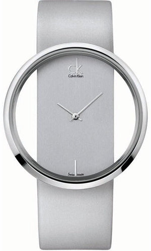 Calvin Klein Glam Transparent Silver Dial Grey Leather Strap Watch for Women - K9423193