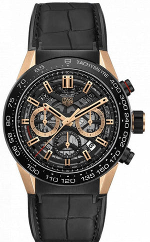 Tag Heuer Carrera Automatic Chronograph Steel & 18K Gold Dial Black Leather Strap Watch for Men - CBG2A50.FC6450