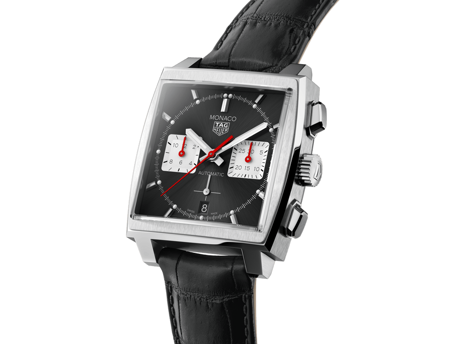 Tag Heuer Monaco Automatic Chronograph Black Dial Black Leather Strap Watch for Men - CBL2113.FC6177