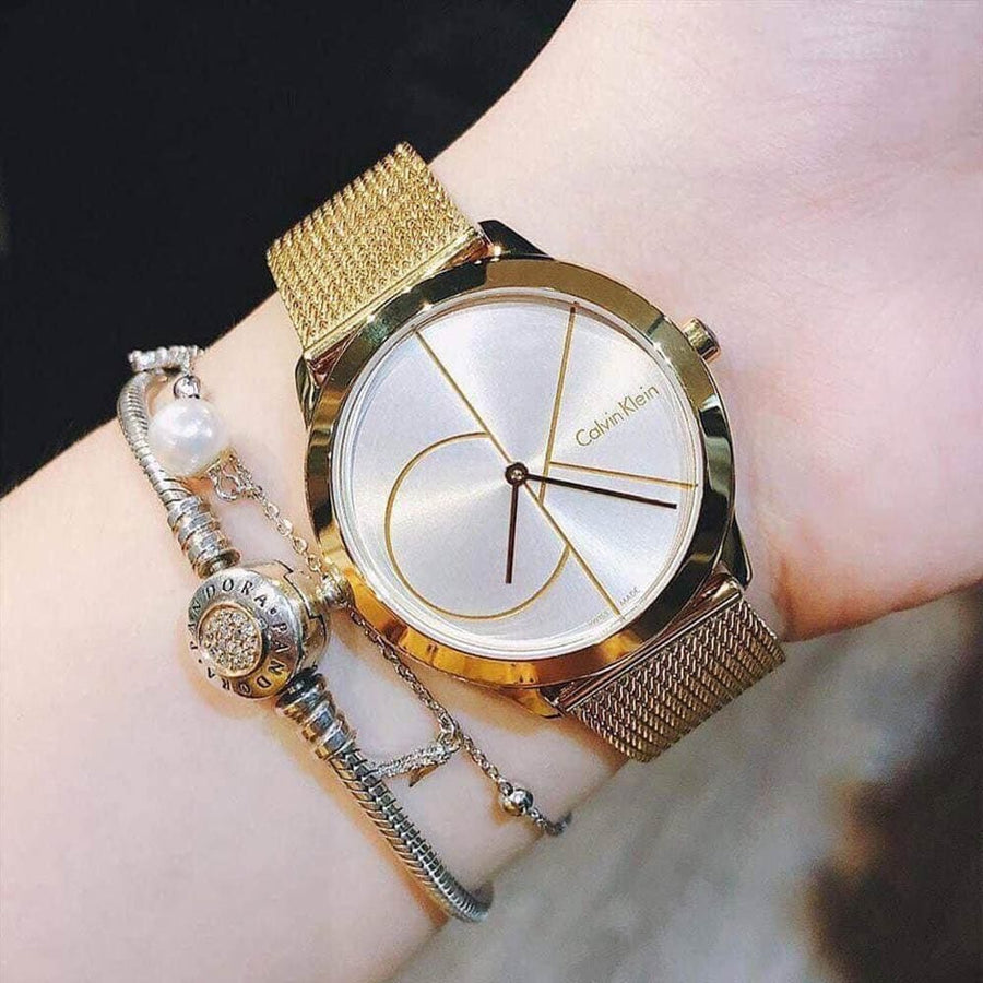 Calvin Klein Minimal Silver Dial Gold Mesh Bracelet Watch for Women - K3M22526