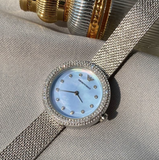 Emporio Armani Rosa Diamonds Mother of Pearl Blue Dial Silver Mesh Bracelet Watch For Women - AR11380