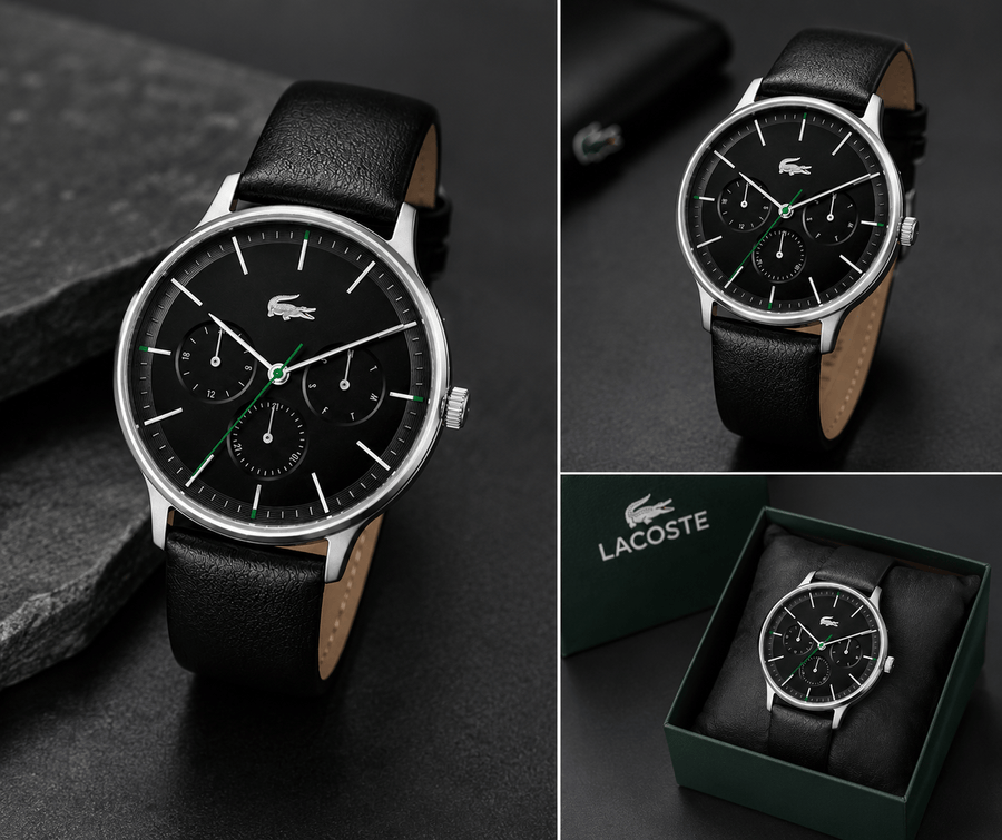 Lacoste Club Multidial Black Dial Black Leather Strap Watch for Men - 2011226