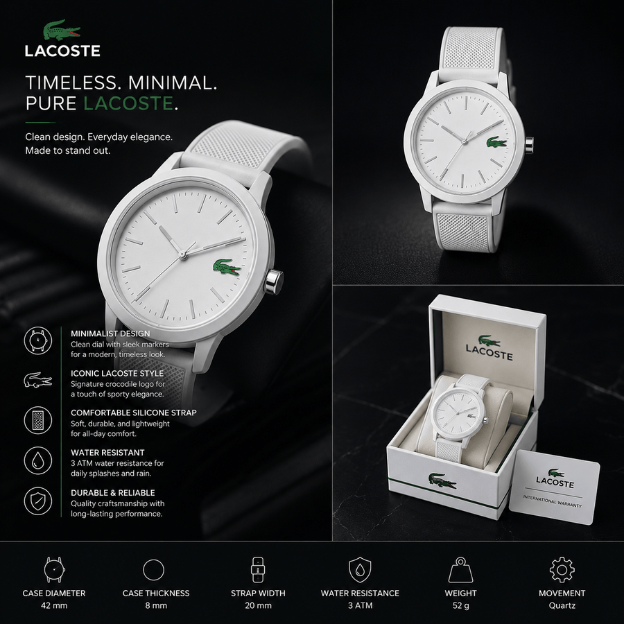 Lacoste 12.12 White Dial White Silicon Strap Watch for Men - 2010984