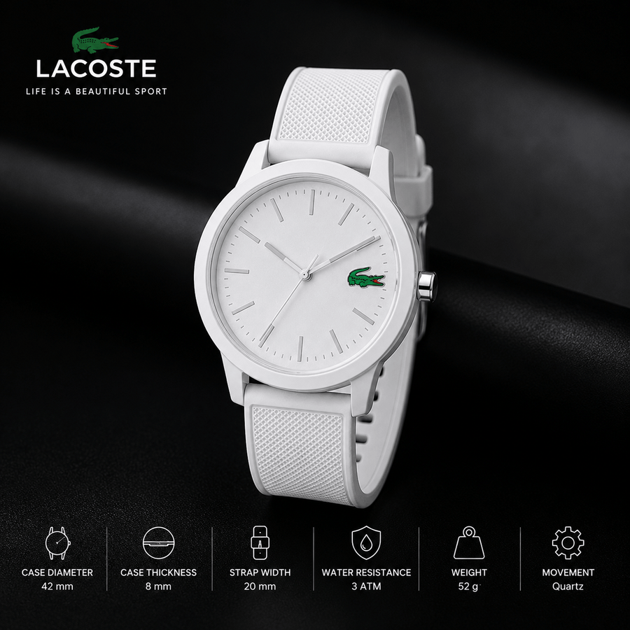 Lacoste 12.12 White Dial White Silicon Strap Watch for Men - 2010984