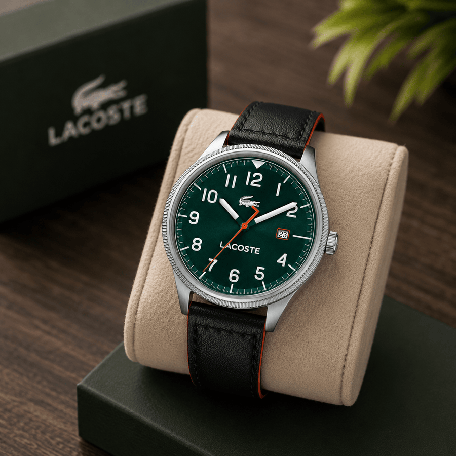 Lacoste Continental Green Dial Black Leather Strap Watch for Men - 2011019