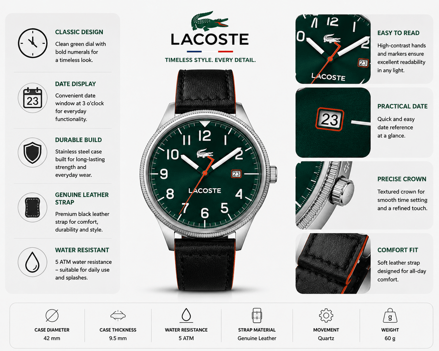 Lacoste Continental Green Dial Black Leather Strap Watch for Men - 2011019