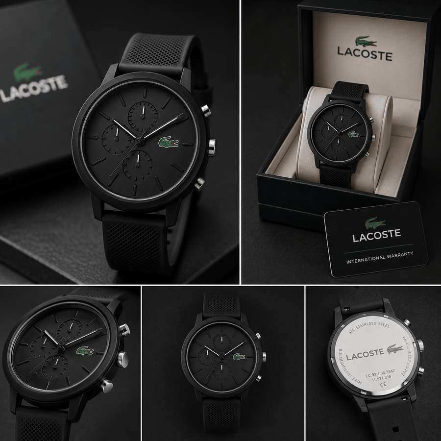 Lacoste 12.12 Chronograph Black Dial Black Silicon Strap Watch for Men - 2011243
