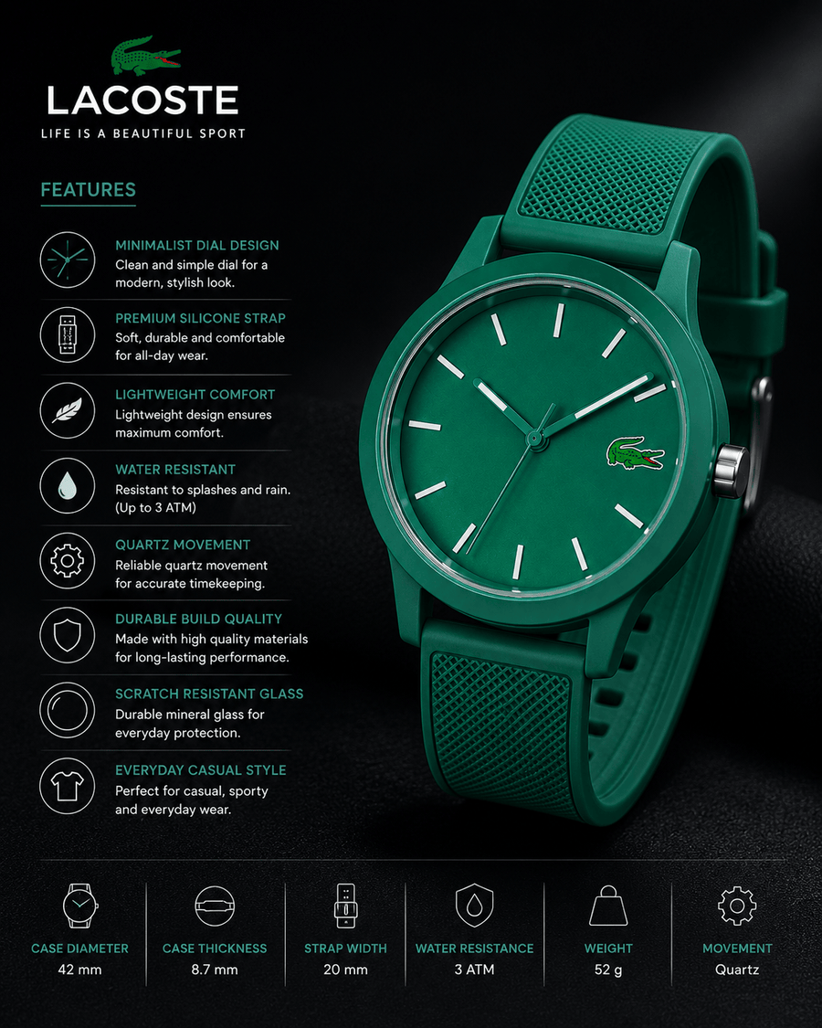 Lacoste 12.12 Cyan Green Dial Cyan Green Silicon Strap Watch for Men  - 2011192