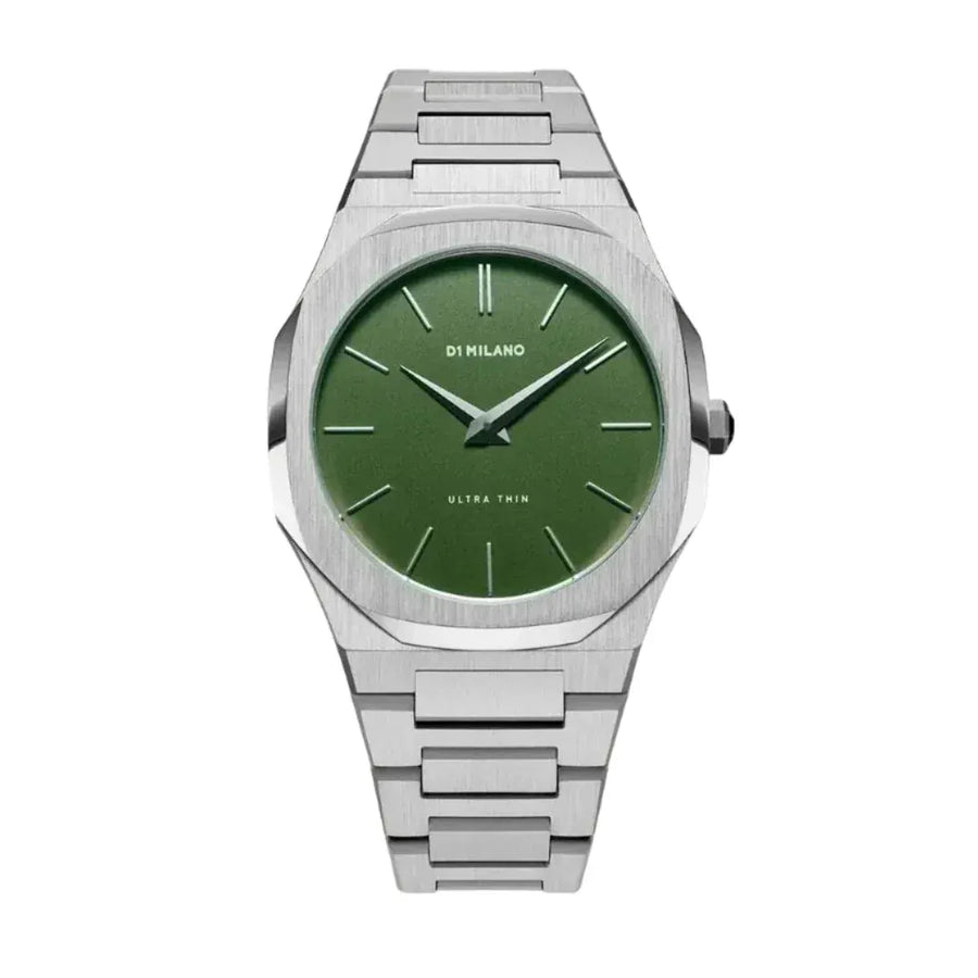 D1 Milano Ultra Thin Moss Green Dial Silver Steel Strap Watch for Men - D1-UTBJ06