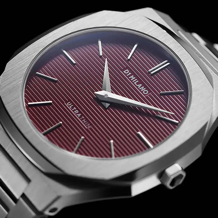 D1 Milano Ultra Thin Bordeaux Red Dial Silver Steel Strap Watch for Unisex - D1-UTBJ11