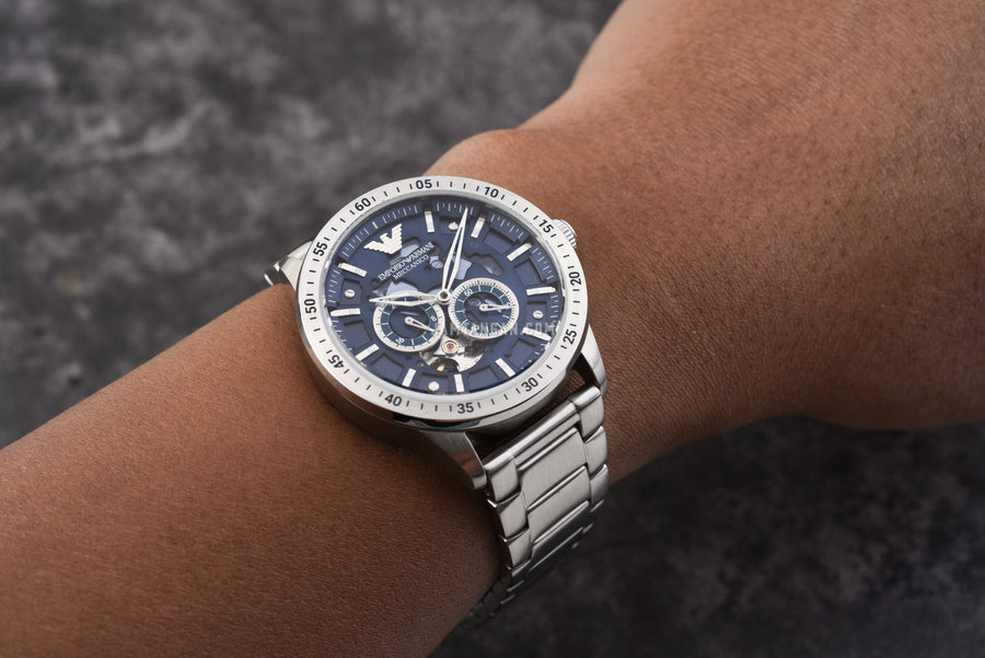 Emporio Armani Meccanico Automatic Blue Dial Silver Steel Strap Watch For Men - AR60052