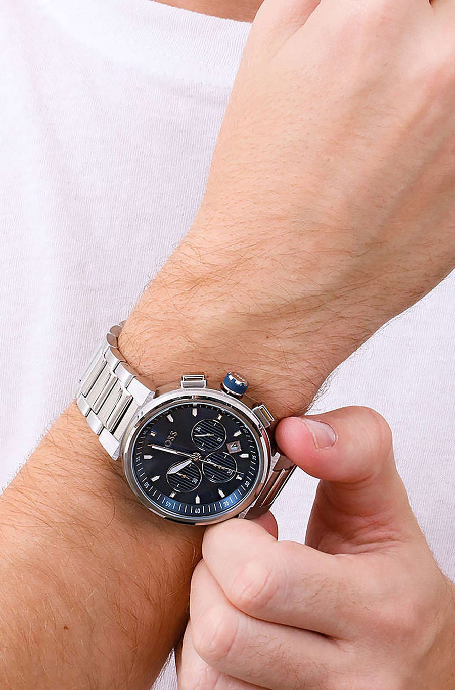 Hugo Boss One Chronograph Blue Dial Silver Steel Strap Watch For Men - 1513999