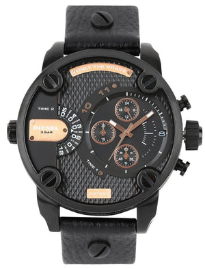 Diesel Little Daddy Chronograph Black Dial Black Leather Strap Watch For Men - DZ7291