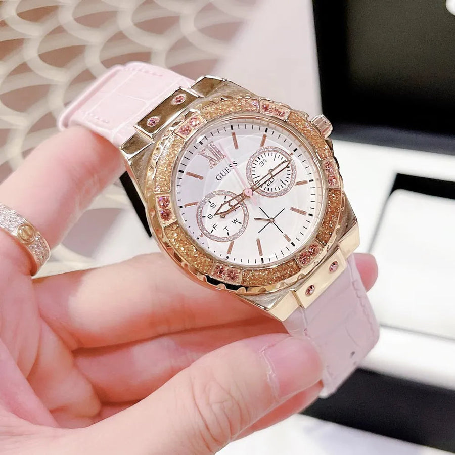 Guess Limelight Quartz Analog White Dial Pink Leather Strap Watch For Women - W0775l3