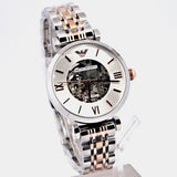 Emporio Armani Gianni T Bar Silver Skeleton Dial Two Tone Strap Watch For Women - AR1992