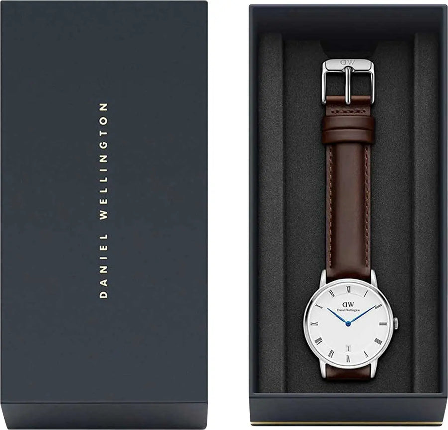 Daniel Wellington Dapper Bristol White Dial Brown Leather Strap Watch For Women - DW00100098