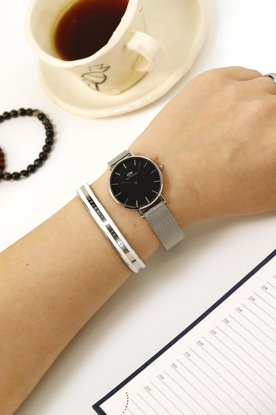Daniel Wellington Classic Petite Sterling Black Dial Silver Mesh Bracelet Watch For Women - DW00100162