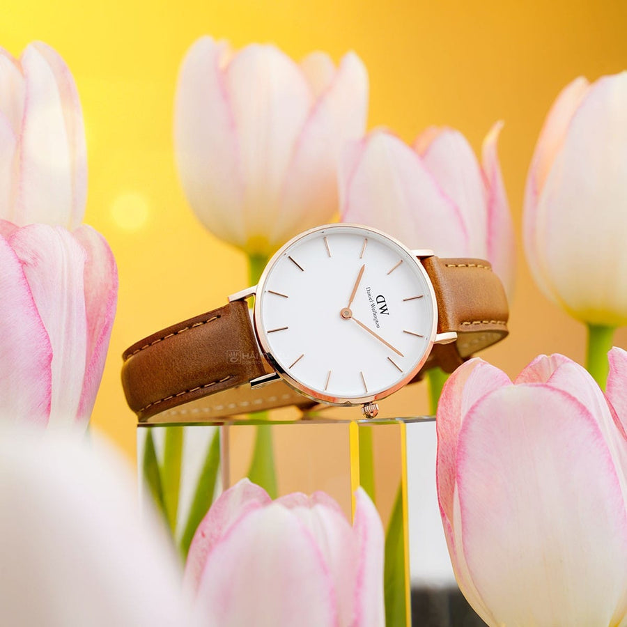 Daniel Wellington Petite Durham White Dial Brown Leather Strap Watch For Women - DW00100172