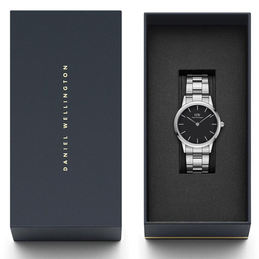Daniel Wellington Iconic Link Black Dial Silver Steel Strap Watch For Women - DW00100206