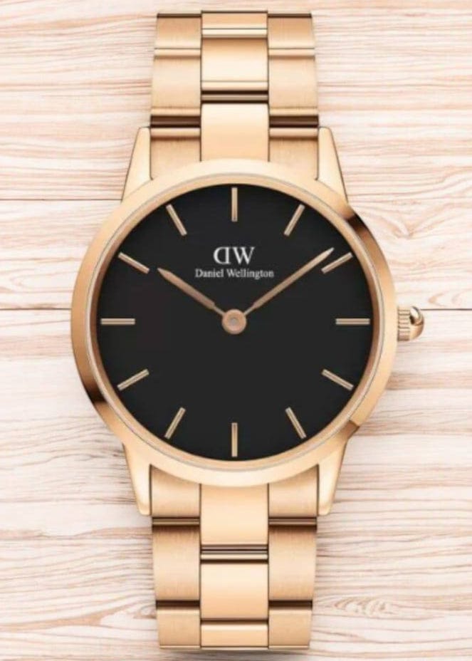 Daniel Wellington Iconic Link Black Dial Rose Gold Steel Strap Watch for Women - DW00100210