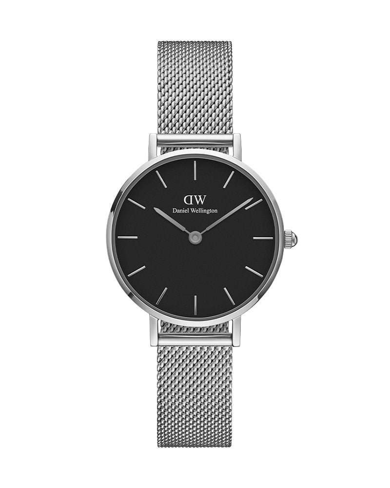 Daniel Wellington Petite Sterling Black Dial Silver Mesh Bracelet Watch For Women - DW00100218
