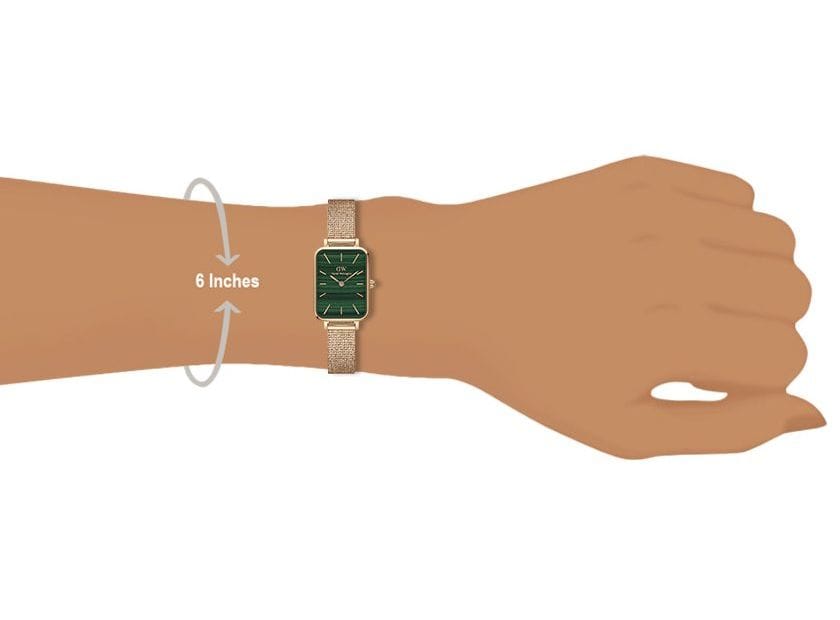 DW00100437-1 green watch on wrist, 6-inch wrist size.
