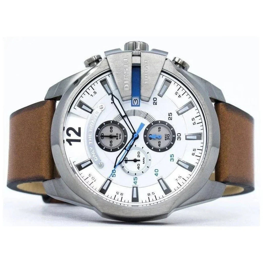 Diesel Mega Chief Chronograph White Dial Brown Leather Strap Watch For Men - DZ4280