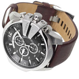 Diesel Mega Chief Black & Silver Round Dial Brown Leather Strap Watch For Men - DZ4290