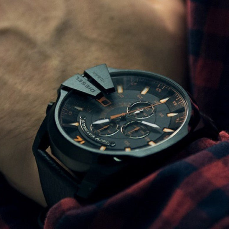 Diesel Mega Chief Chronograph Black Dial Black Leather Strap Watch For Men - DZ4291