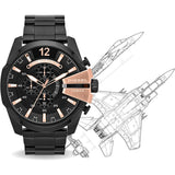 Diesel Mega Chief Chronograph Black Dial Black Steel Strap Watch For Men - DZ4309