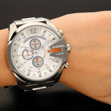Diesel Mega Chief Chronograph White Dial Silver Steel Strap Watch For Men - DZ4328