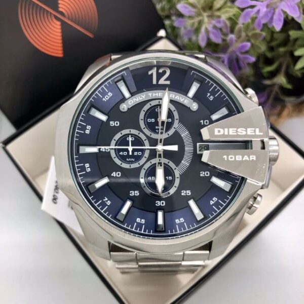 Diesel Mega Chief Chronograph Blue Dial Silver Steel Strap Watch For Men - DZ4417