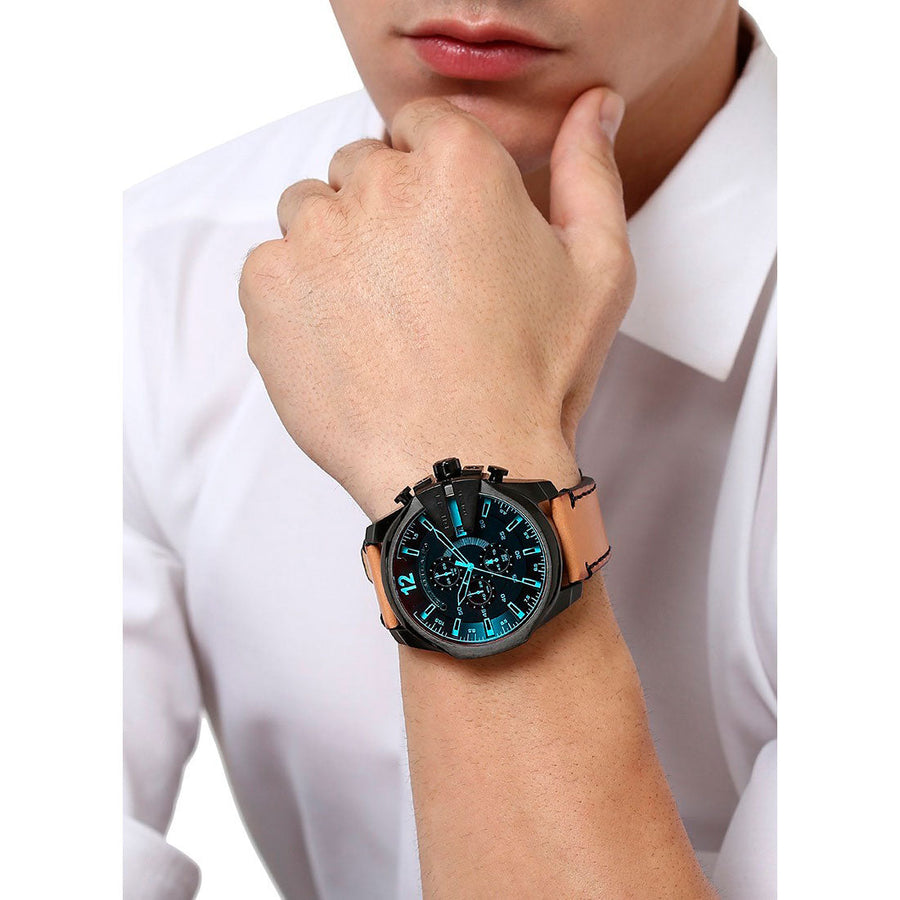 Diesel Mega Chief Chronograph Black Dial Brown Leather Strap Watch For Men - DZ4476